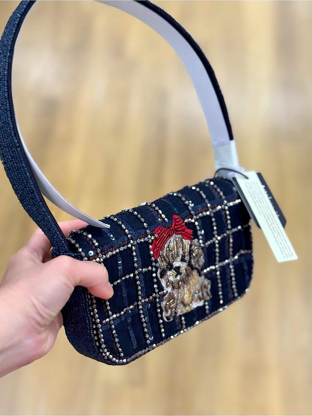 Beaded Plaid Shoulder Bag in Black & Red NWT - Picture 2 of 3